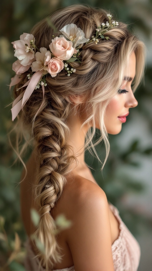 A woman with long hair styled in a bohemian inspired side braid, adorned with pink roses and white flowers.
