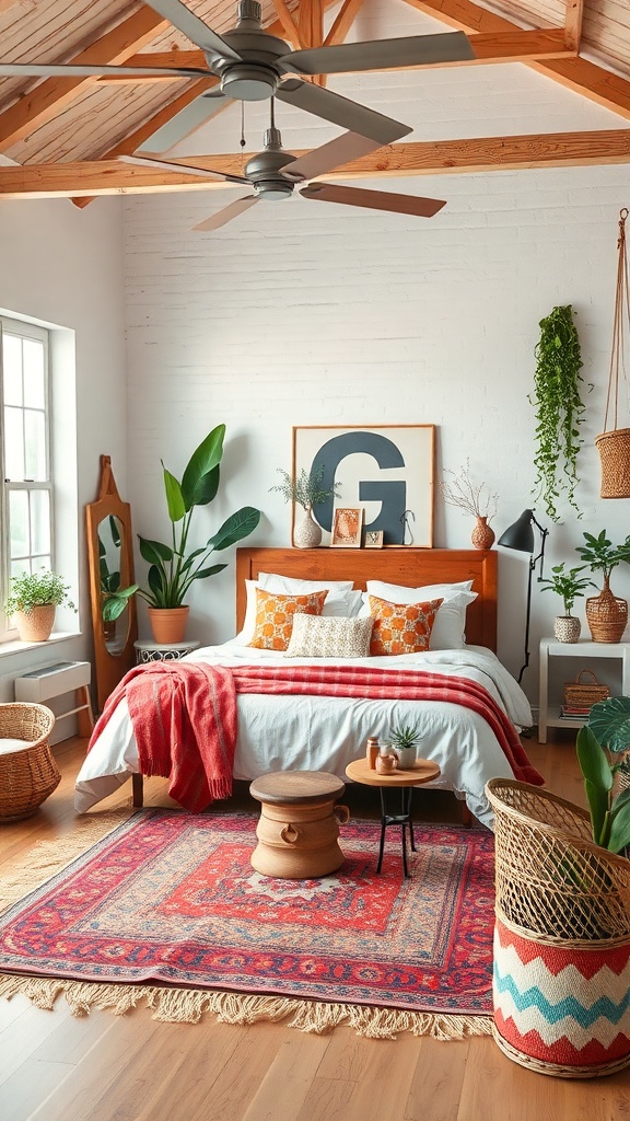 A cozy bohemian loft bedroom featuring a wooden bed, colorful pillows, a patterned rug, and indoor plants.