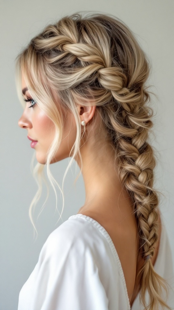 A side profile of a woman with long hair styled in a loose braid, featuring soft waves and strands framing her face.
