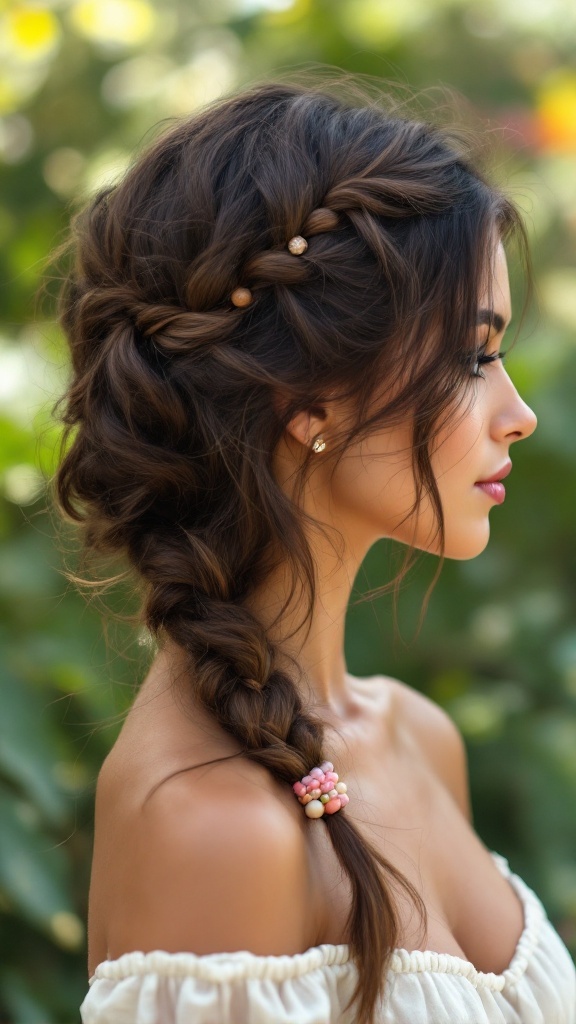 A young woman with a loose braid adorned with beads, showcasing a Bohemian hairstyle.