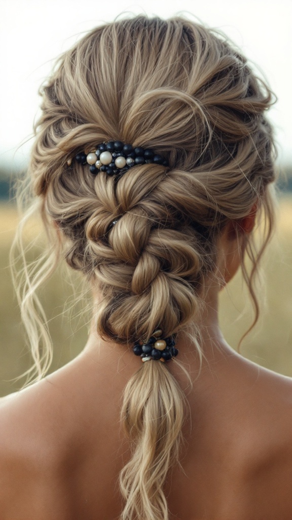 A back view of a woman with a bohemian loose knot hairstyle adorned with beads.