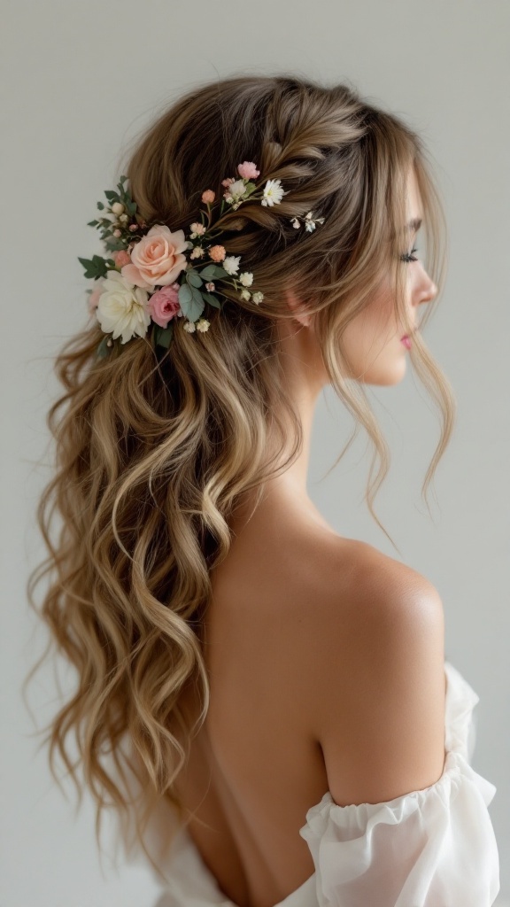 Bridal party hairstyle featuring bohemian loose waves with floral accents.