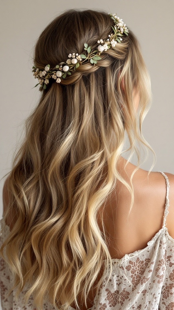 A woman with long, wavy hair adorned with a floral headband, showcasing a back view of a high neck dress.