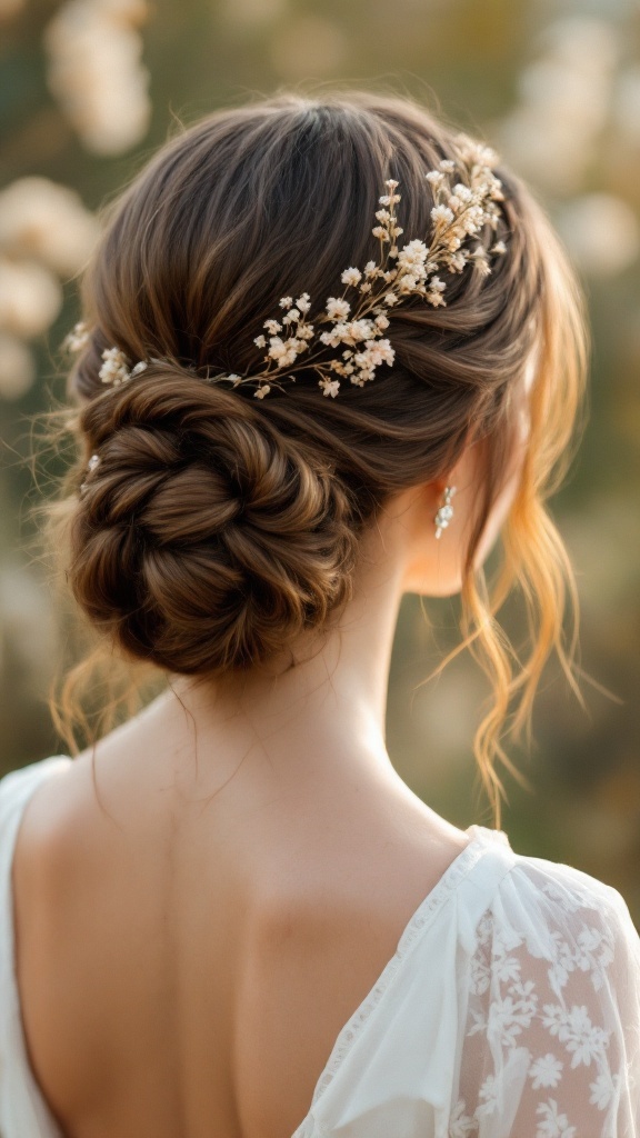 Bohemian low bun hairstyle with dried flowers