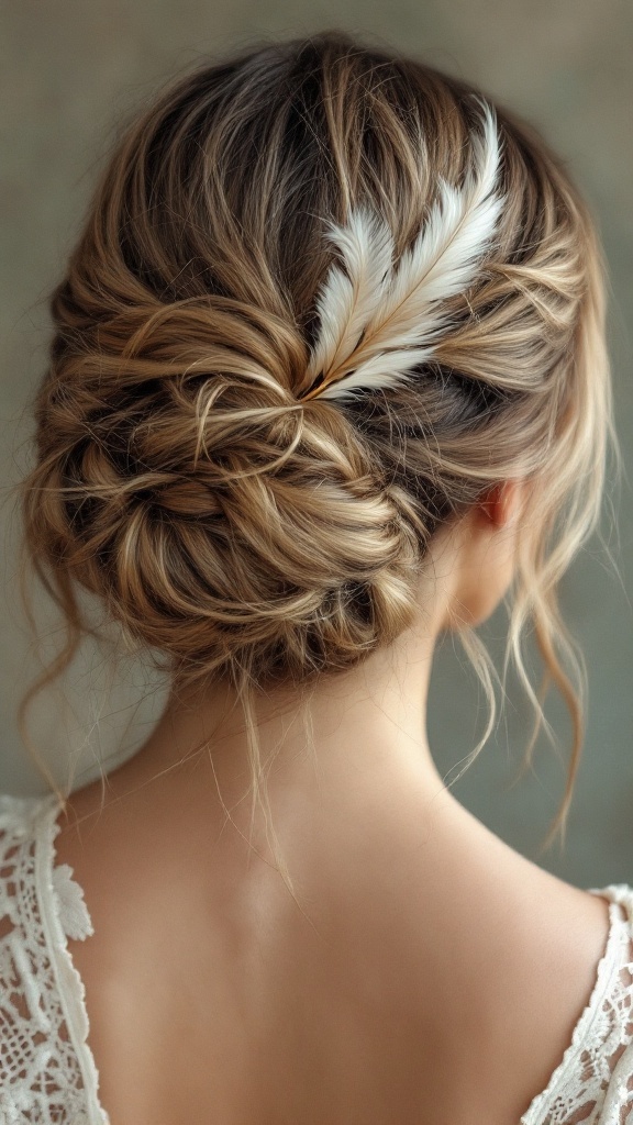 A bohemian low bun hairstyle adorned with feathers