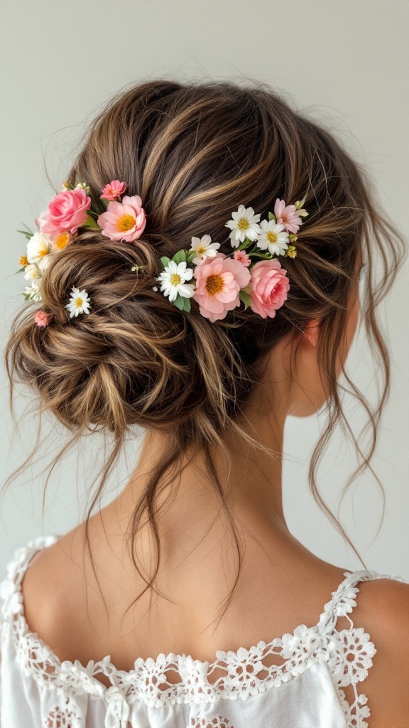 A woman with medium-length hair styled in a messy bun adorned with pink and white flowers, showcasing a bohemian look.
