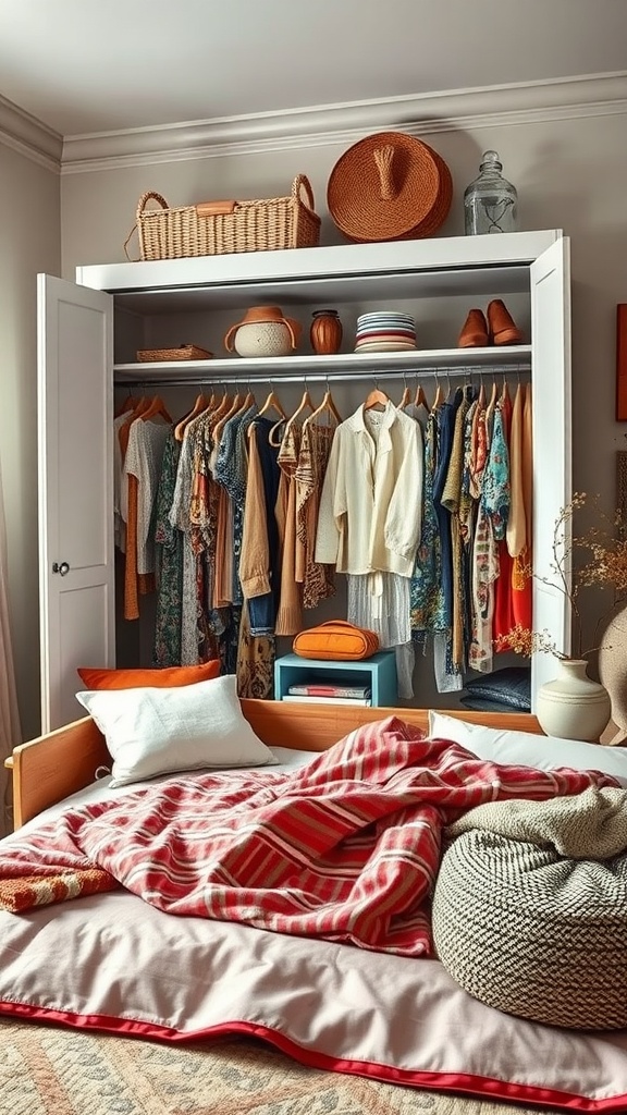 A cozy bedroom with a bohemian open wardrobe filled with colorful clothing and woven baskets on top.