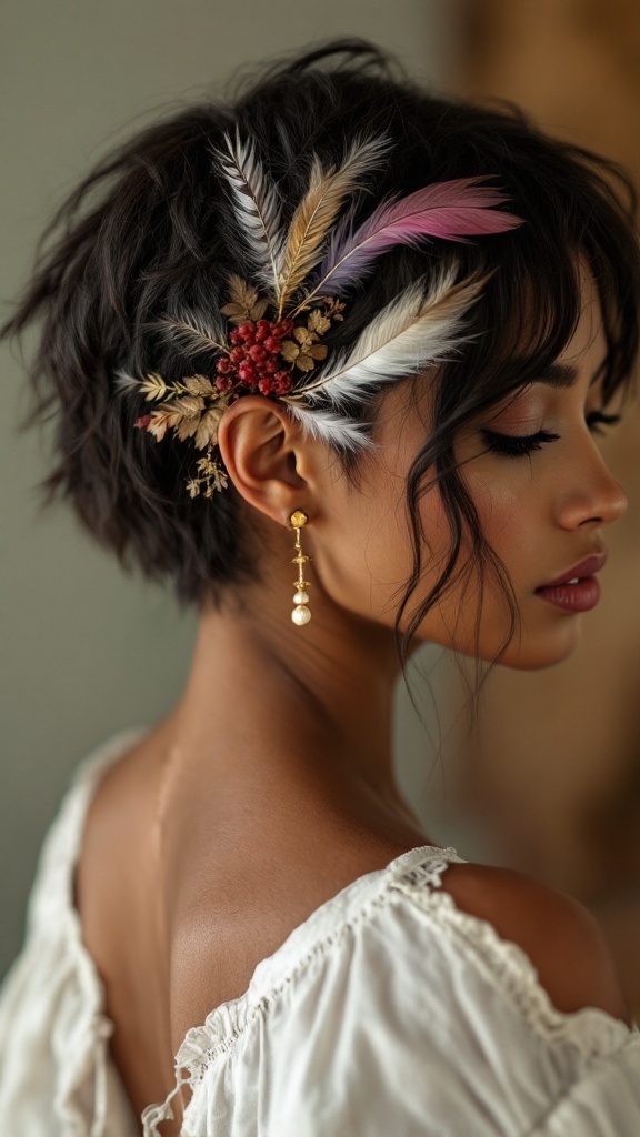A woman with short hair styled in a bohemian look, featuring feathers and floral accents.