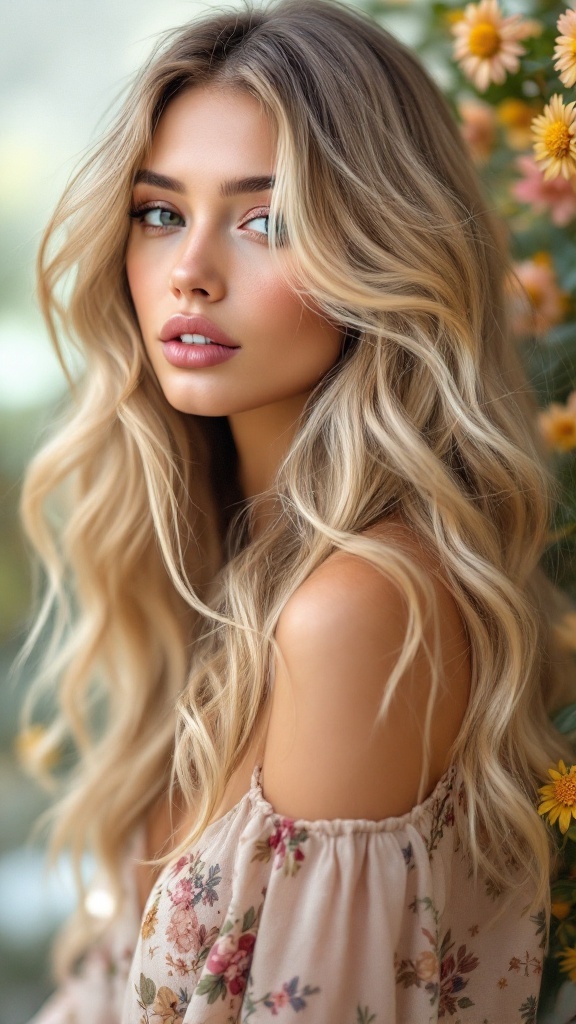 A woman with long, wavy hair and side bangs, wearing a floral top, surrounded by flowers.