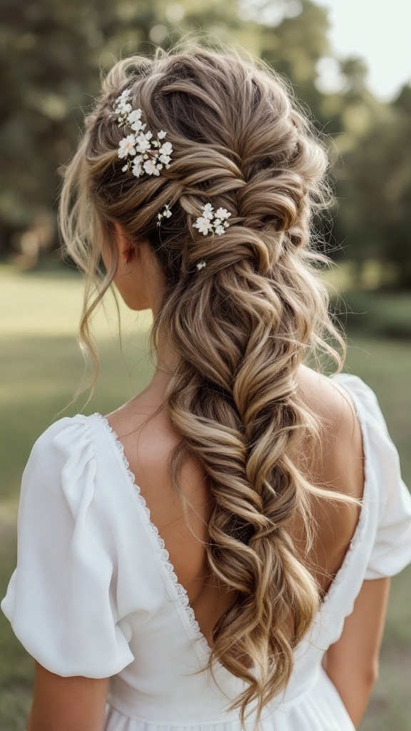 A woman with a bohemian side braid and cascading curls adorned with small white flowers.