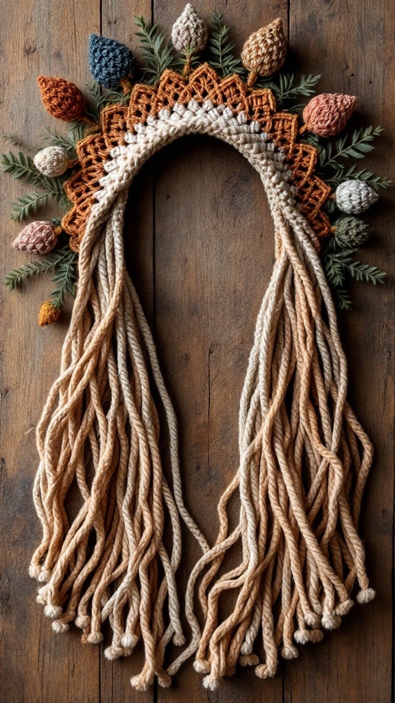 A bohemian style crochet crown featuring colorful crochet flowers and long tassels on a wooden background.