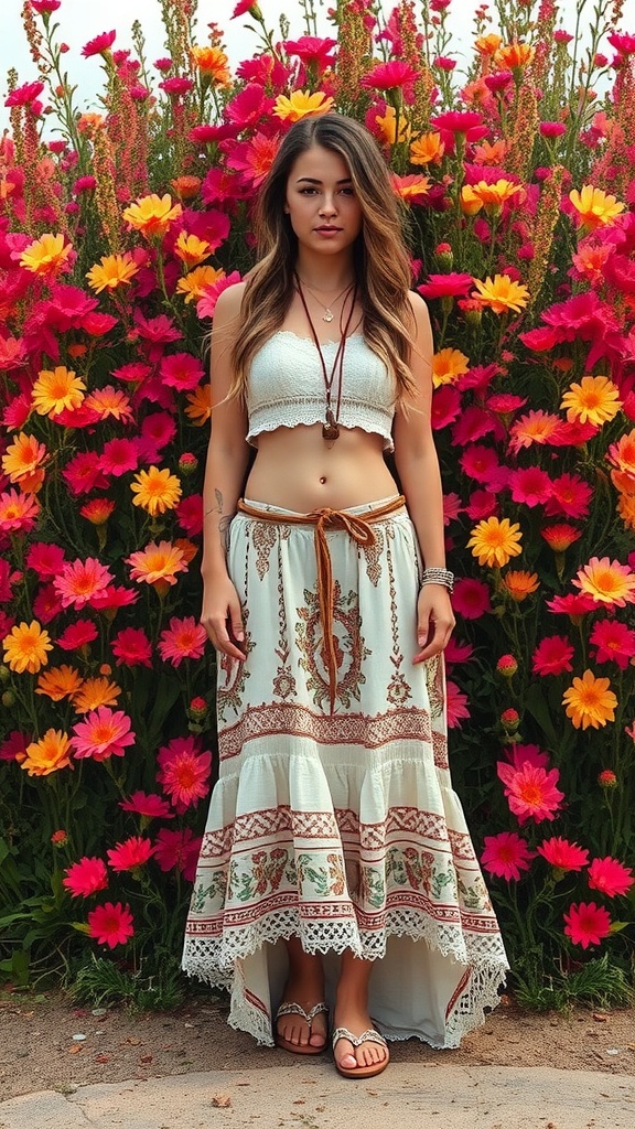 A woman in a bohemian style outfit with a flowy skirt and crop top standing in front of colorful flowers.