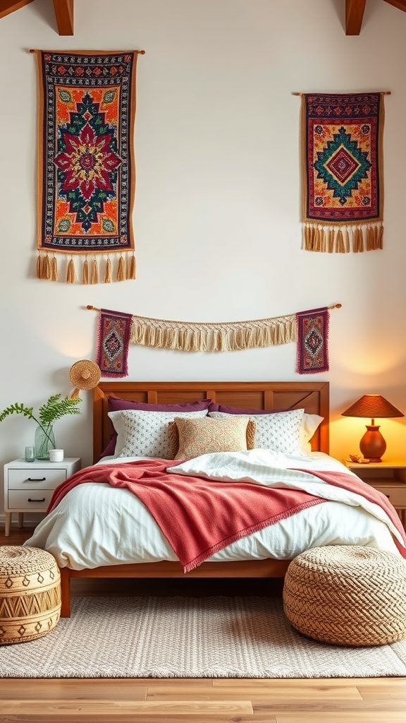 A cozy bedroom featuring colorful bohemian tapestry hangings on the wall, with a wooden bed and soft bedding.