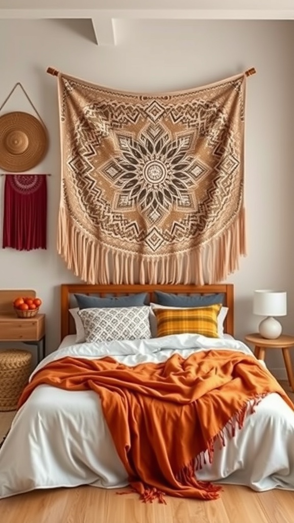 A cozy bedroom featuring a large bohemian textile wall hanging with a mandala design, complemented by woven hats and colorful bedding.