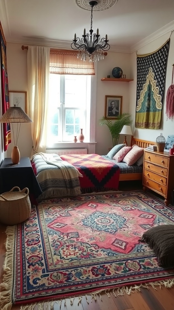 A cozy bedroom with bohemian textiles, including a colorful rug, patterned blankets, and wall hangings, creating an inviting atmosphere.