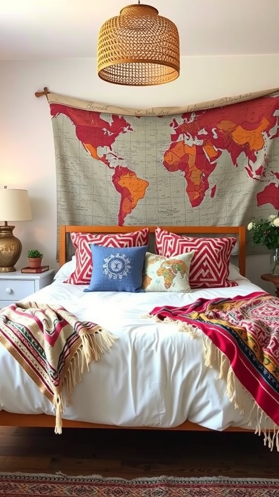 A bohemian-themed bedroom with a world map tapestry, colorful pillows, and patterned blankets on a bed.