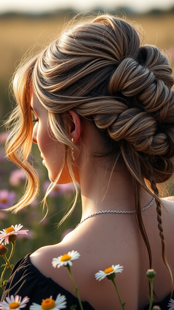 A woman with a bohemian updo surrounded by daisies in a field