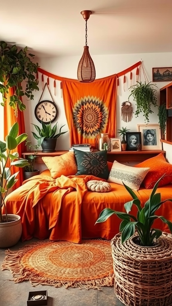 A cozy bedroom with burnt orange decor, including a bed with orange linens, vibrant wall hanging, and plants, embodying a bohemian style.