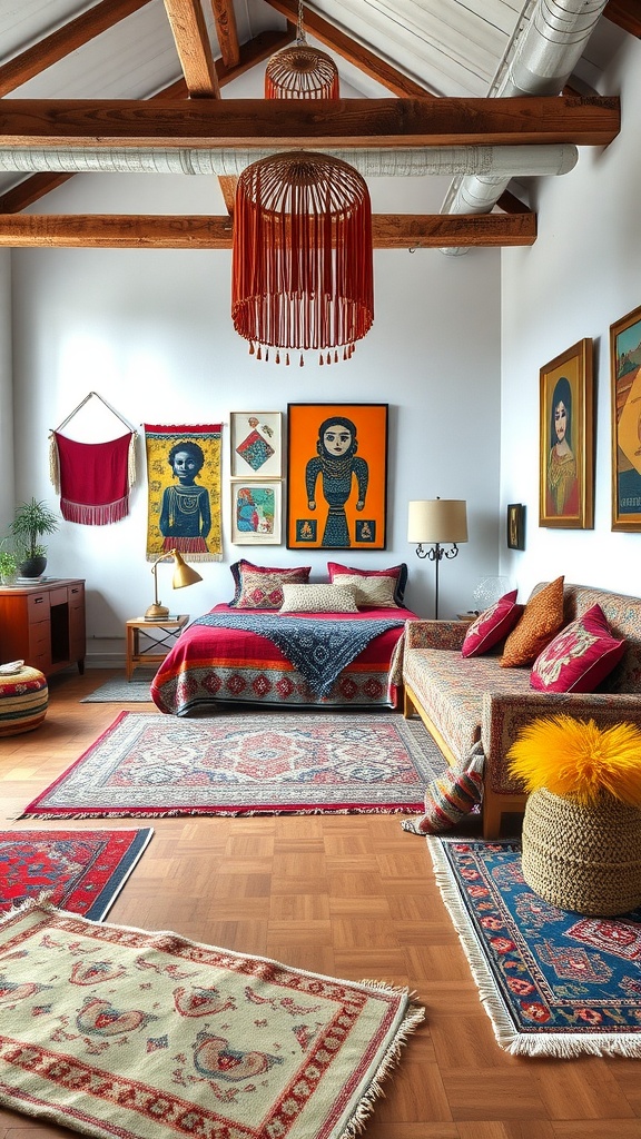 Loft bedroom with colorful bohemian textiles, featuring rugs, cushions, and artwork.