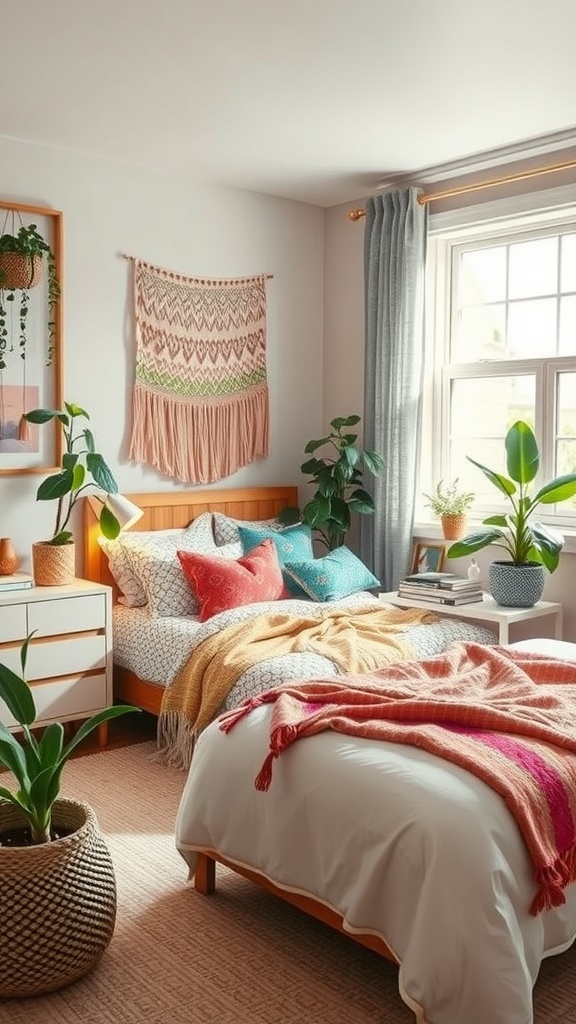 A cozy teen bedroom with a bohemian vibe featuring colorful textiles and plants.