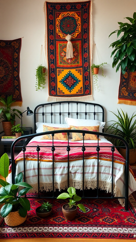 A cozy bedroom featuring a black metal bed frame, colorful bedding, and vibrant wall tapestries with plants.