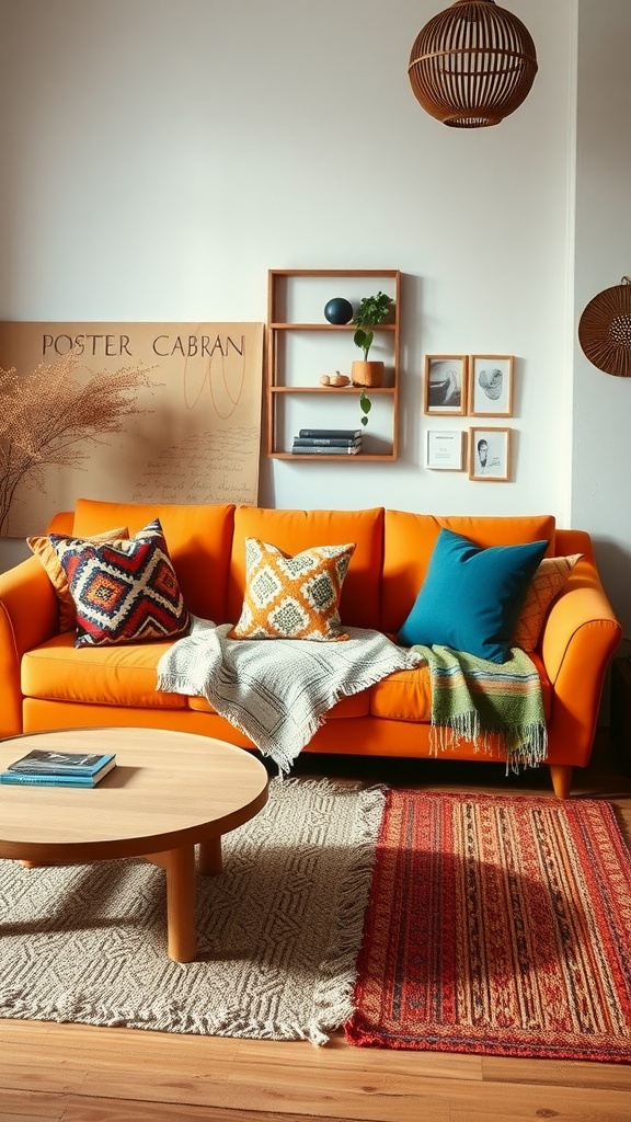 A bright orange sofa adorned with colorful patterned pillows, a cozy throw, and a wooden coffee table in a bohemian living room.