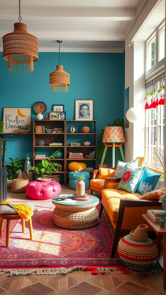 A cozy living room with Bohemian decor featuring vibrant colors, textured fabrics, and natural elements.