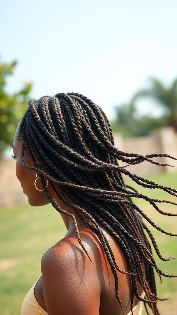A woman with medium knotless braids styled in waves, showcasing a bohemian vibe.