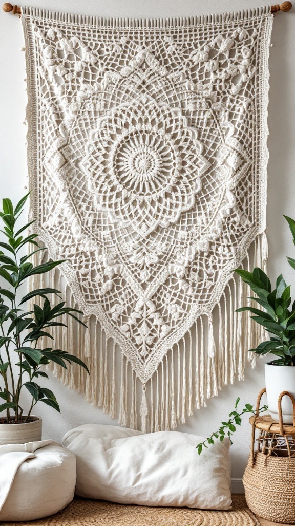 Boho-chic crochet wall tapestry with intricate mandala design, surrounded by potted plants and soft pillows.