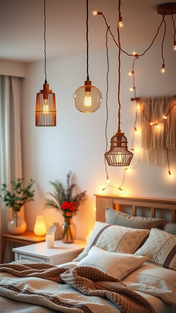 A cozy boho-style bedroom with hanging lighting fixtures, featuring woven shades and warm glow, complemented by plants and textured bedding.