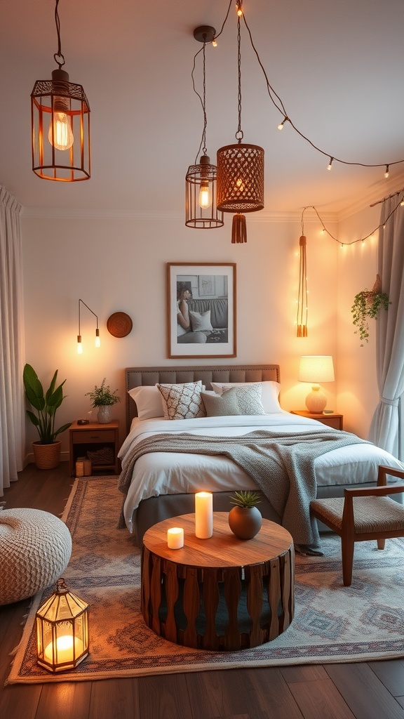 A cozy bohemian living room with various lighting fixtures, including hanging lanterns and a soft table lamp.