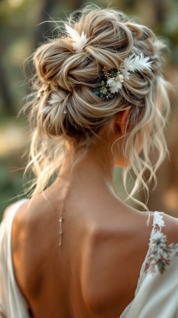 A woman showcasing a boho-inspired messy top knot hairstyle adorned with flowers.