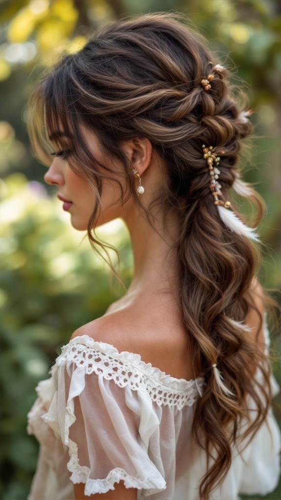 A side ponytail hairstyle for weddings featuring soft waves and delicate accessories.
