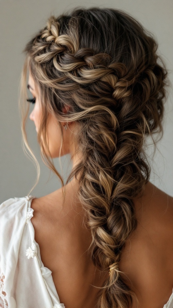 A woman with a boho braided crown hairstyle, featuring intricate braids and loose waves.