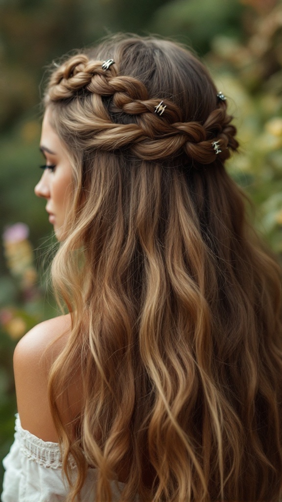 A woman with a braided crown hairstyle adorned with claw clips, showcasing soft waves in her hair.