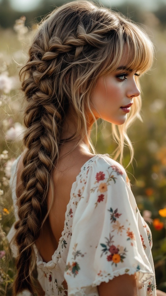 A woman with long braided hair and a fringe, dressed in a floral top, standing in a field of flowers.