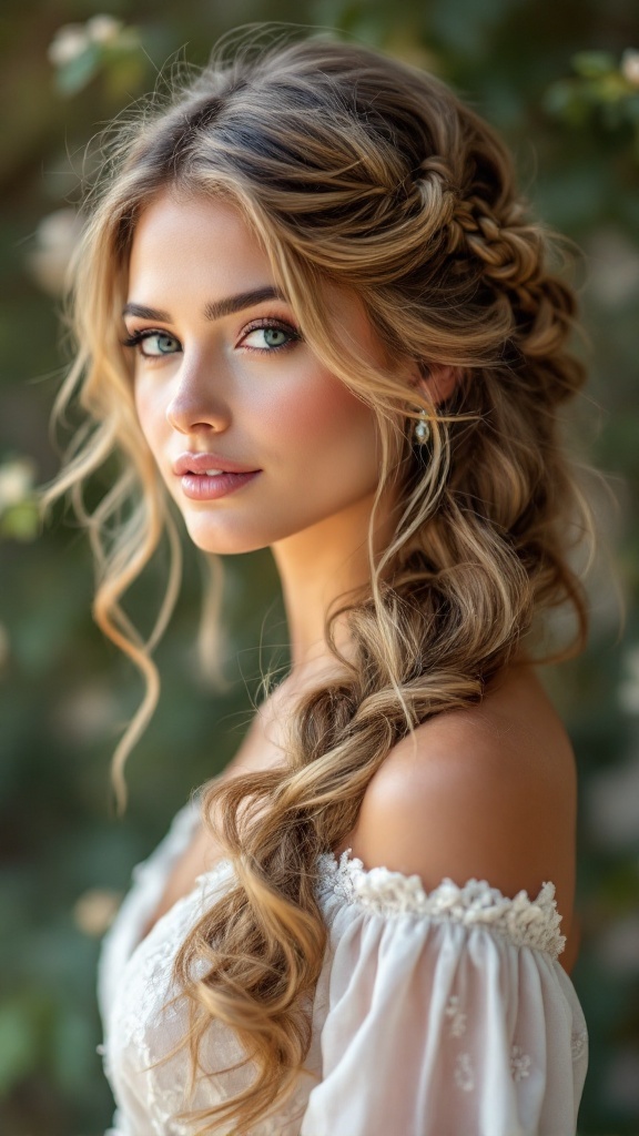 A bride with a boho chic hairstyle featuring braids and soft waves, wearing an off-the-shoulder dress.