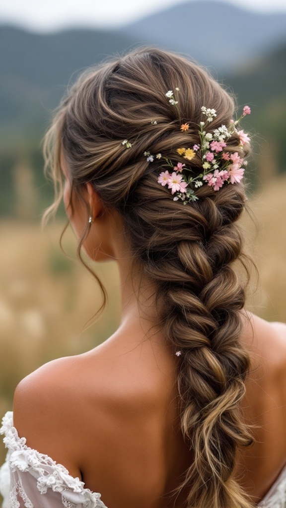 A close-up of a boho chic braided updo featuring flowers, showcasing a romantic hairstyle suitable for bridesmaids.