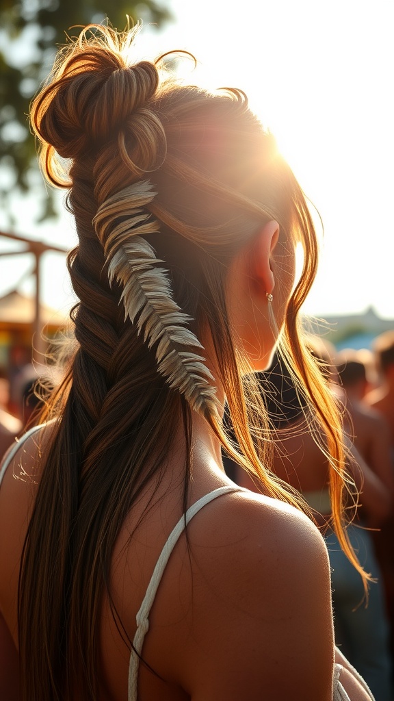 A woman with boho chic hair featuring a top knot and feather extensions, with sunlight in the background.
