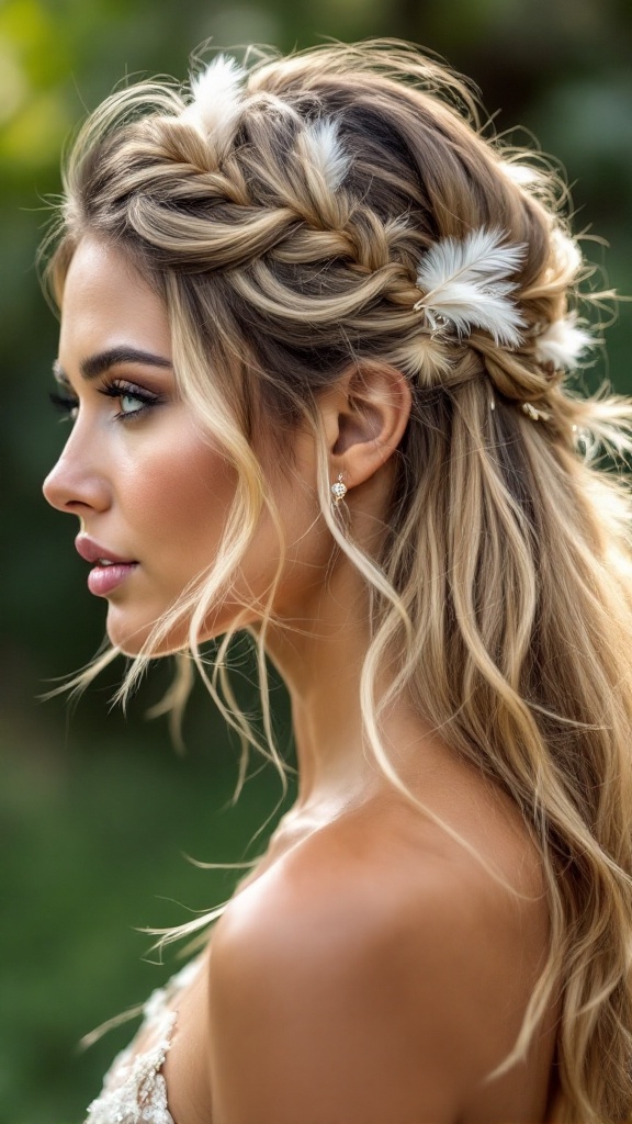 A young woman with a boho chic half up half down hairstyle, featuring braids and feathers.