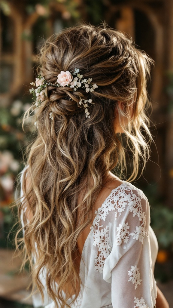 A bridesmaid with loose, wavy hair adorned with flowers, showcasing a boho chic hairstyle.