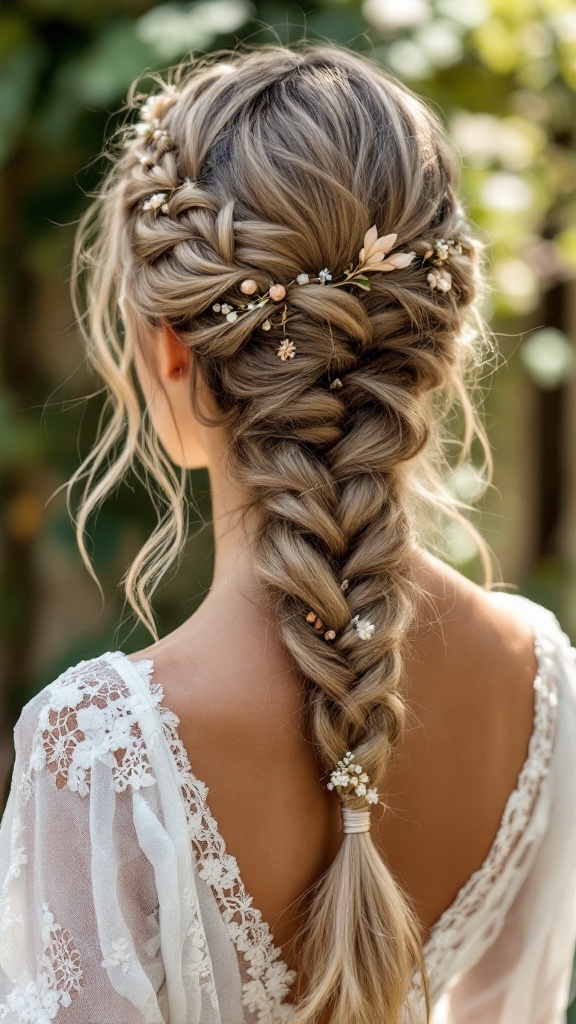 A bohemian styled braid with floral accents, showcasing a romantic bridesmaid hairstyle.