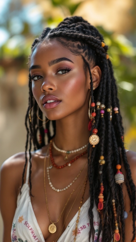 A close-up of a person with medium knotless braids adorned with colorful beads and layered necklaces, exuding a boho goddess look.