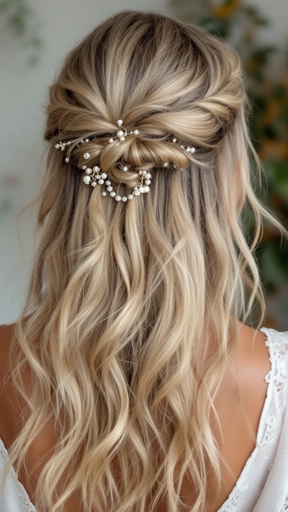A beautiful half up hairstyle with beaded accents, showcasing medium-length hair styled elegantly.