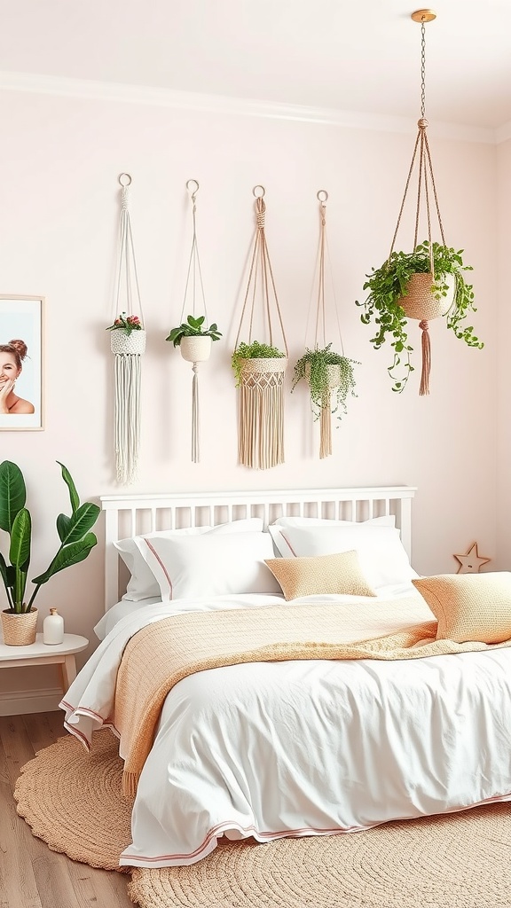 A soft girl bedroom featuring macrame accents with hanging plant holders, white bed linens, and a cozy round rug.