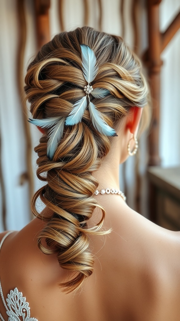 A beautiful boho ponytail hairstyle featuring loose curls, decorated with blue feathers and beads.