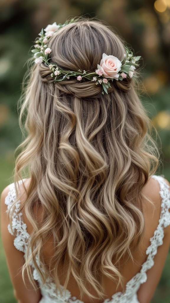A back view of a bride's hair styled in boho waves with wispy bangs and adorned with a floral crown.