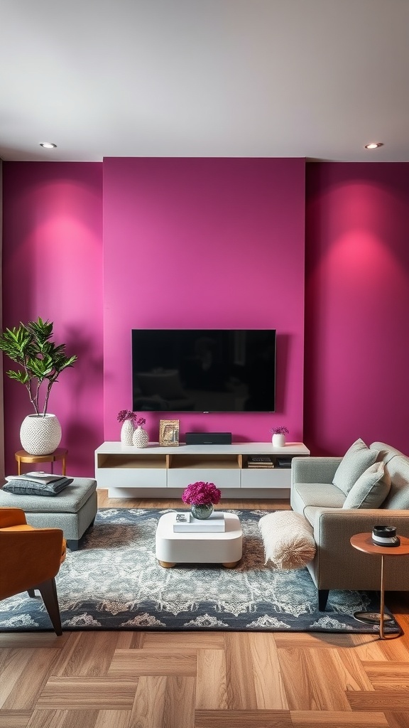 Living room with a bold pink accent wall, stylish furniture, and a sleek TV setup