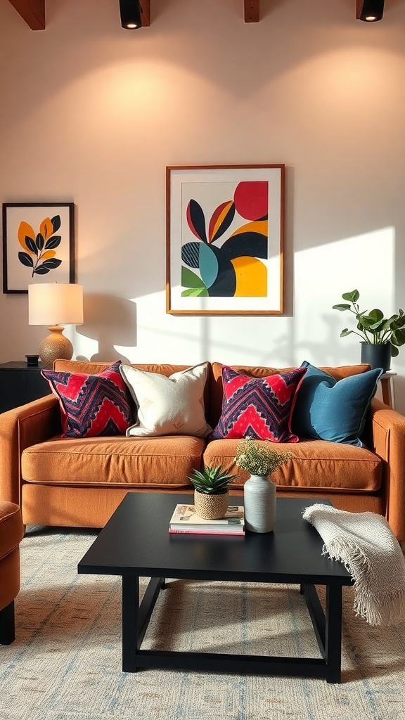 A cozy living room featuring a brown couch with colorful pillows, a black coffee table, and vibrant wall art.