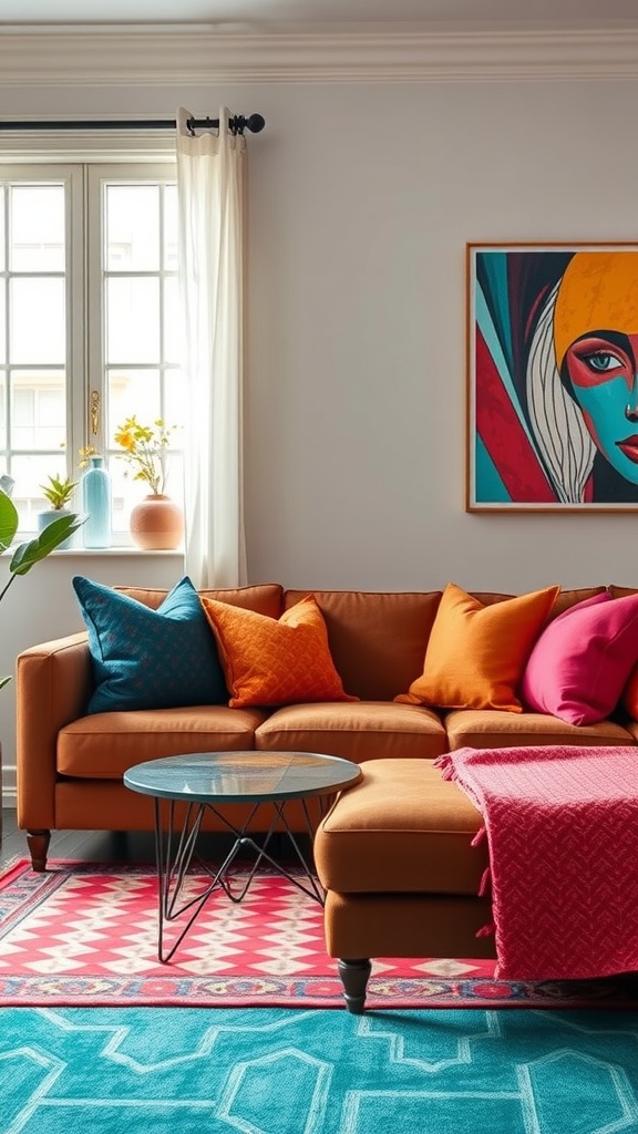 A cozy living room featuring a brown sofa with colorful pillows, a bright rug, and vibrant artwork.